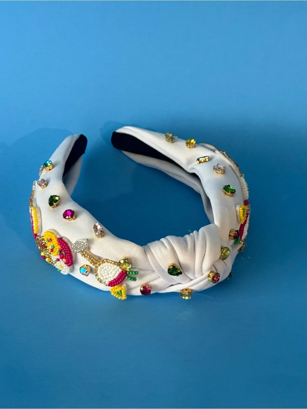 White Beaded Knot Headband with Multicolor Gem Accents
